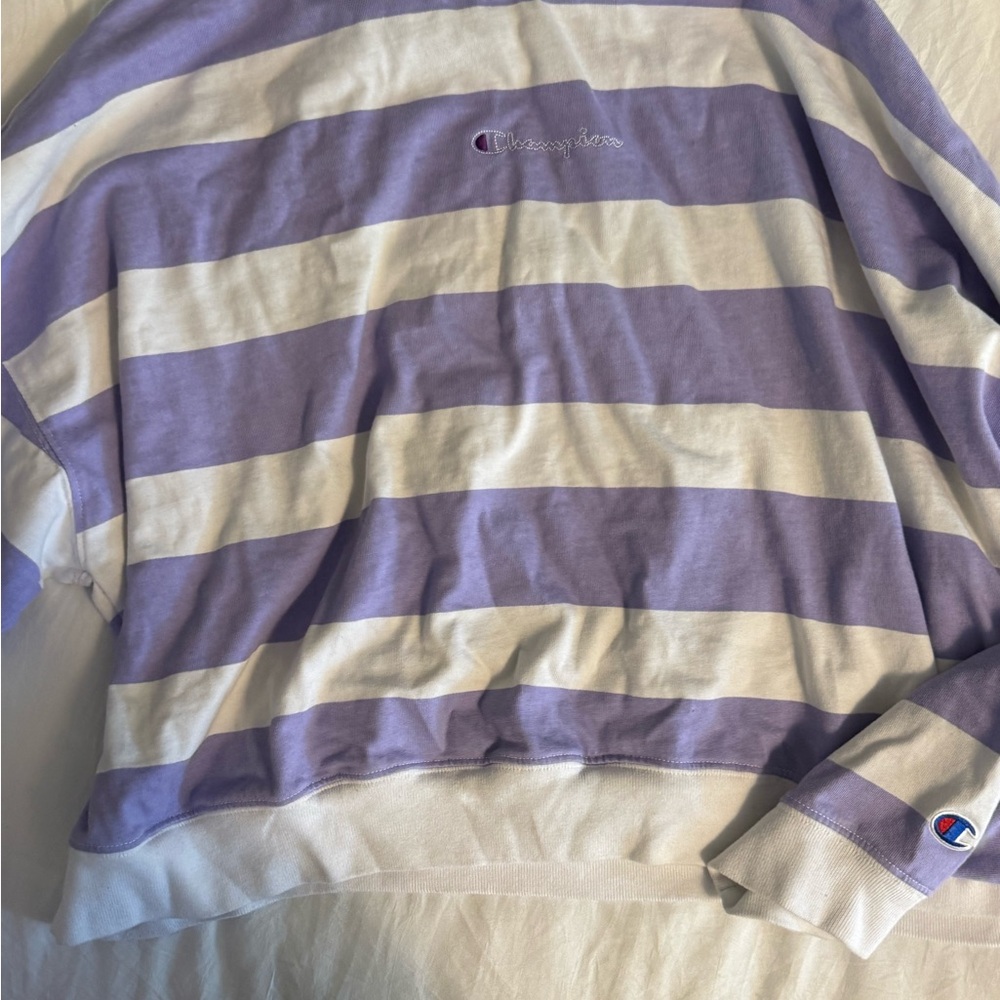 Champion Purple and White Striped Cropped Long Sleeve